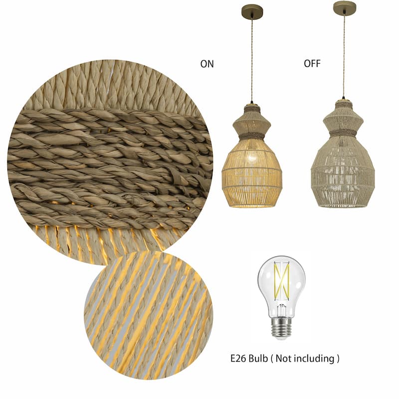 Opaline 1-Light Rattan Stacked Geometric Pendant, Coastal Boho - Handwoven - 12" Wide