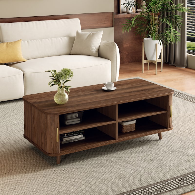 Aron Mid-Century Modern Coffee Table with Semi-Open Tambour Doors and 4 Hidden Storage Compartments, 47.24"