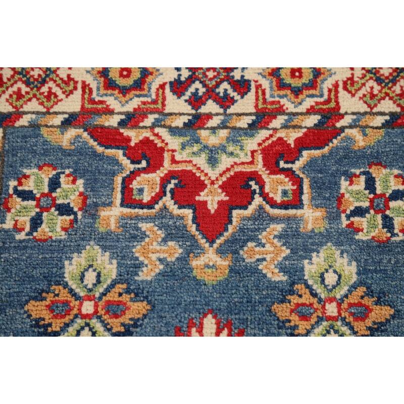 Hand Knotted Oriental 100% Wool Carpet Traditional Geometric Navy Blue & Blues Kazak Area Rug - 2' 11'' X 1' 11''
