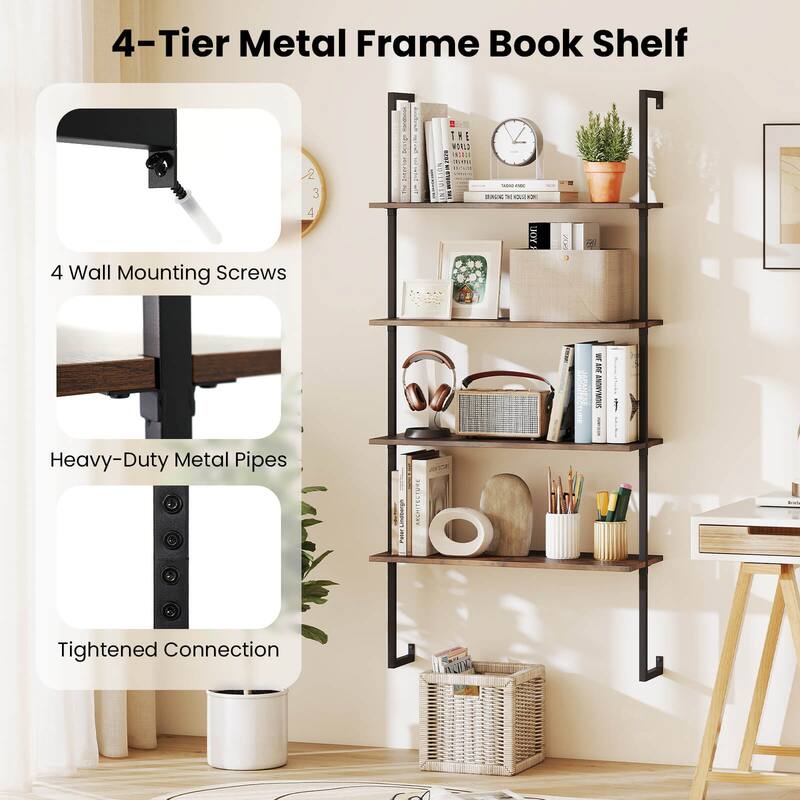 Costway 4-Tier Ladder Shelf Bookshelf Industrial Wall Shelf w/Metal - 30'' x 12'' x 64''