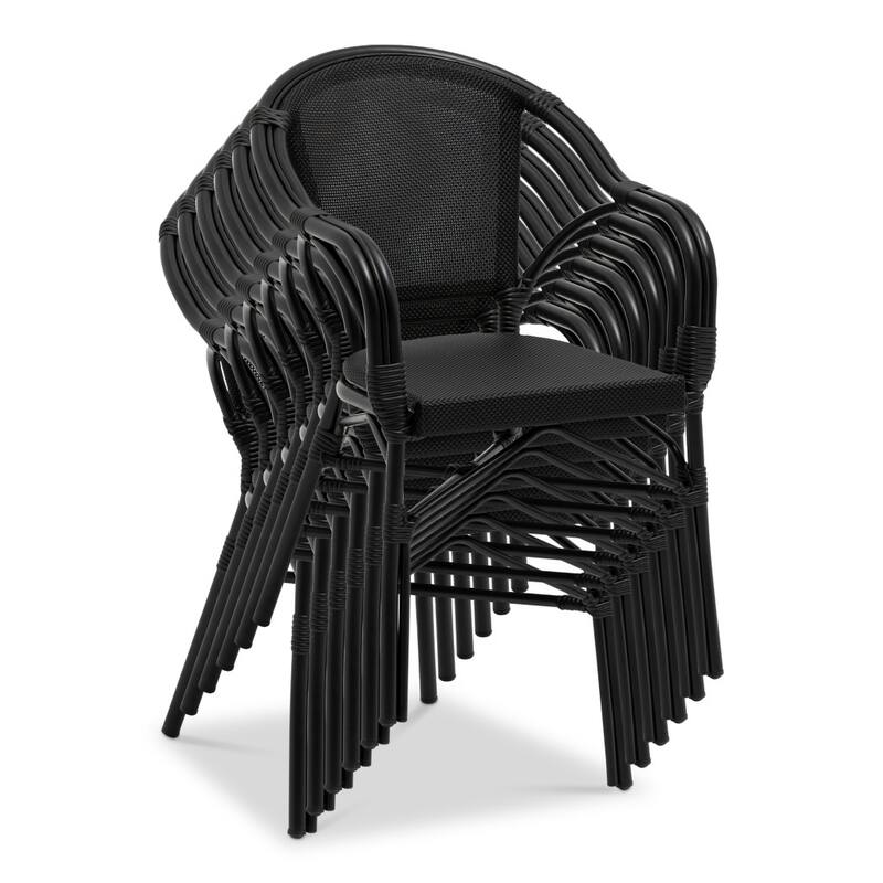 Set of Two Black Textured Mesh Sling And Aluminum Outdoor Stacking Arm Chairs