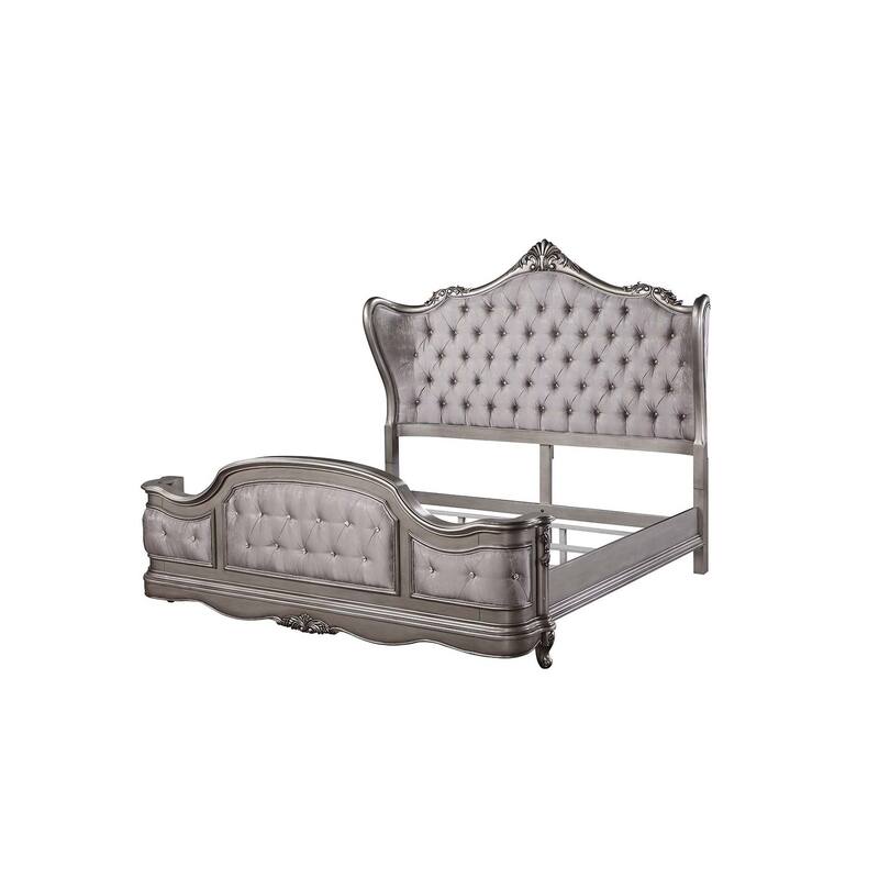 King Size Bed Frame Glam Style Antique Platinum Finish Bedroom Furniture