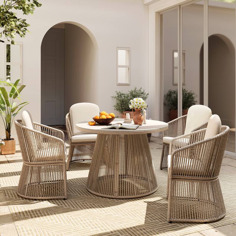 5 Pieces Outdoor PE Rattan Patio Dining Set with Round Tempered Glass Table