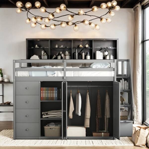 slide 2 of 15, Full Size Wood Loft Bed with Storage Galore Grey