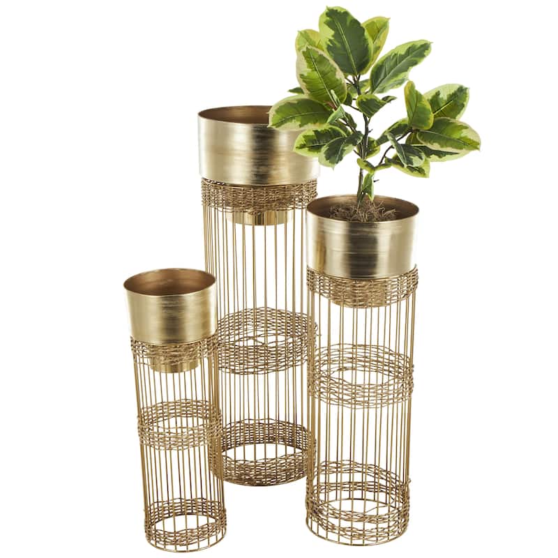 Metal Textured Dome Indoor Planter with Woven Seagrass or Rattan and Cage Rod Base - Set of 3 Gold or Silver - Roche River Decor
