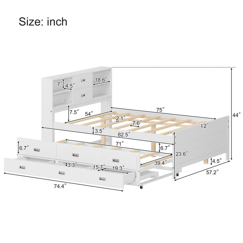 Full/Twin Size Captain Bed with Storage Bookcase Headboard,Captain bed with Trundle and Three Storage Drawer