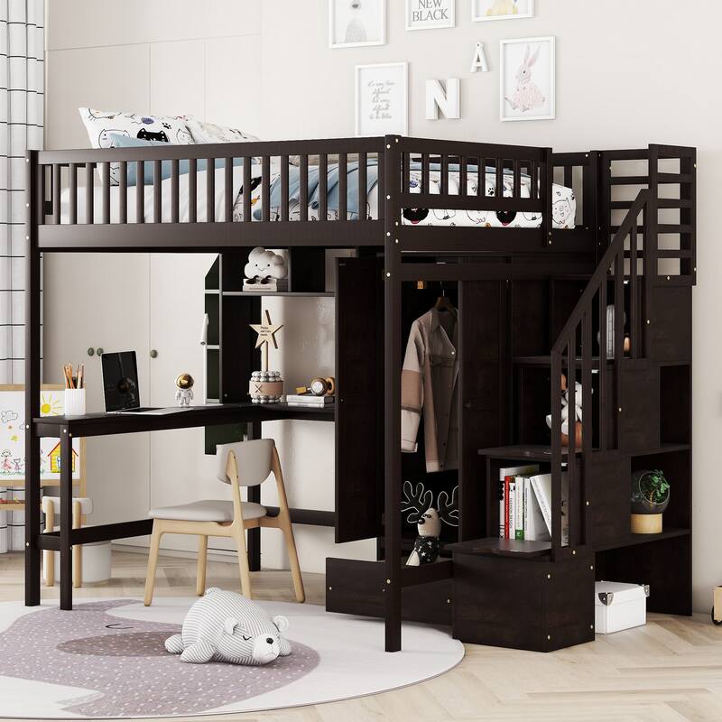 Full Size Loft Bed with Bookshelf, Drawers, Desk, and Wardrobe - Espresso - Espresso