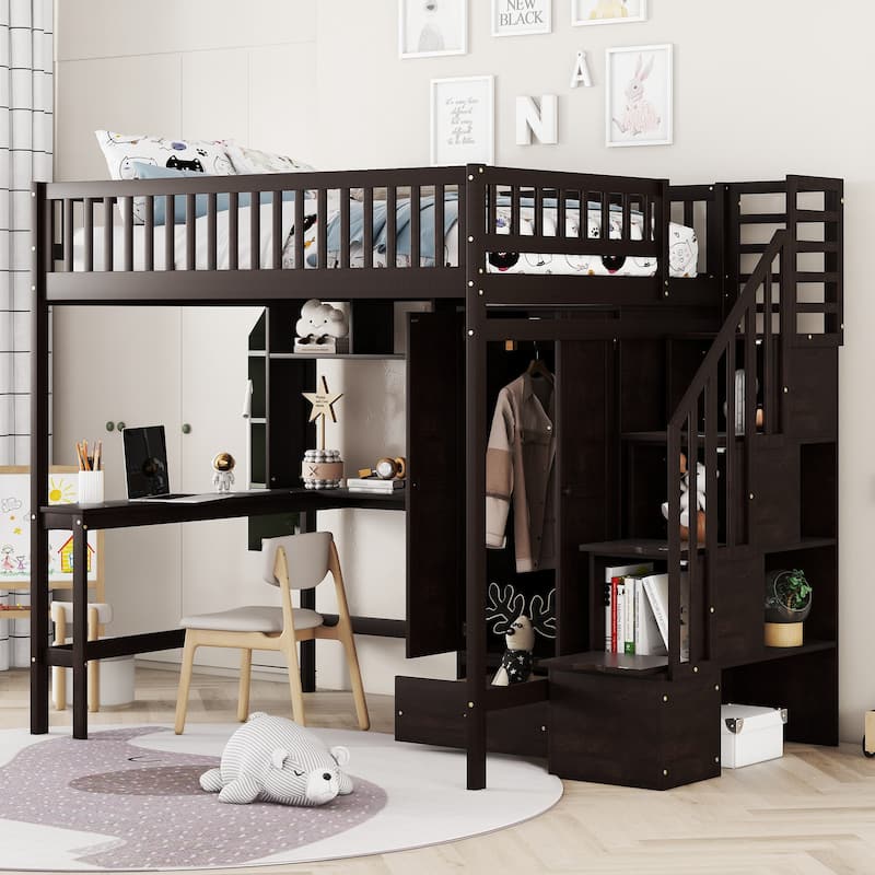 Nordic Creative Full Size Wood Loft Bed with Bookshelf, Drawers, Desk and Wardrobe Storage Bed Frame for Kids Teens Adults