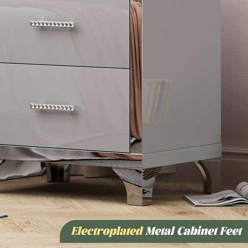 High Gloss Mirrored Nightstand with 2 Drawers,Modern End Table with Drawers,Mirrored High Gloss Wood Nightstand Metal Handle