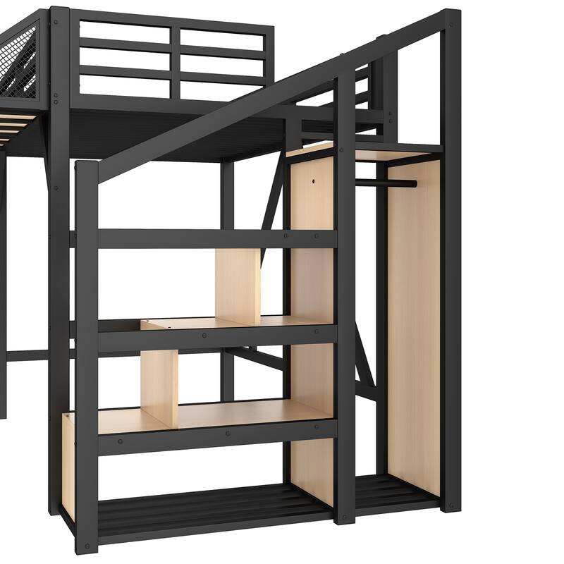 Roomfitters Metal Loft Bed with Wardrobe and Storage Stairs, LED Lights and USB