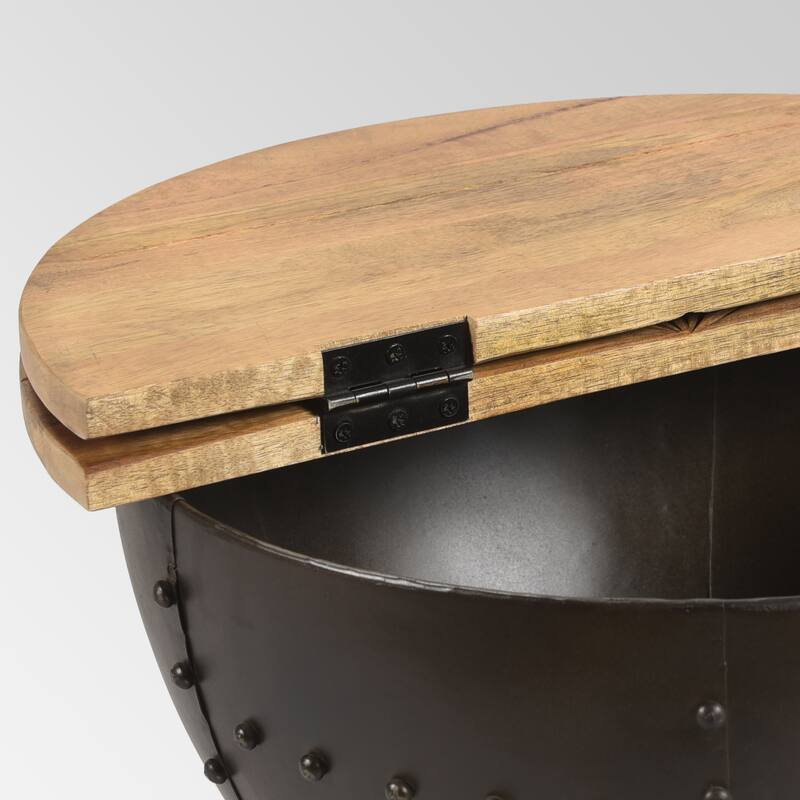 Roomfitters Round Coffee Table, Wood Top Living Room Center Table with Iron Base, Modern Industrial Design, Natural+Brown