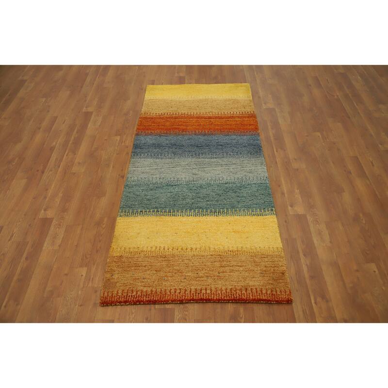 Hand Knotted Oriental 100% Wool Carpet Modern Stripe Multi-Colored Gabbeh Area Rug - 5' 10'' X 2' 9''