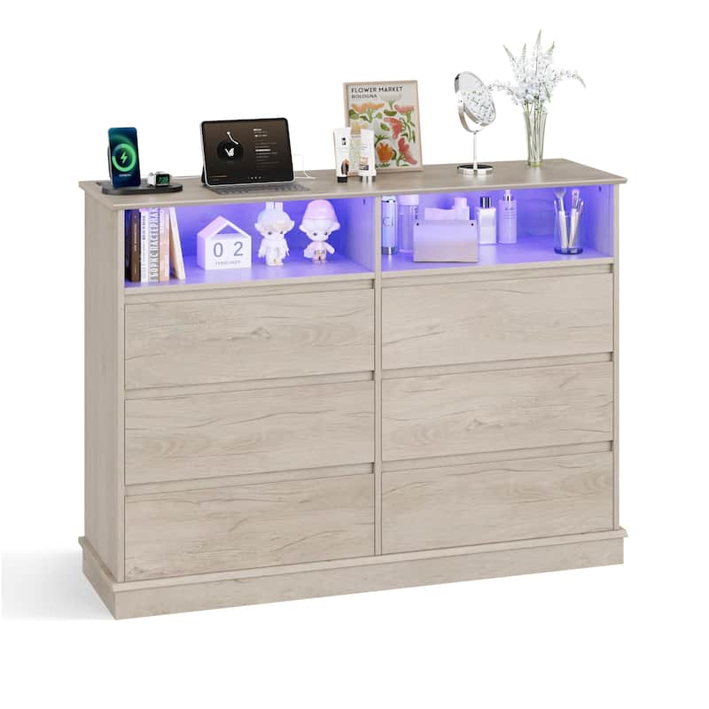 6 Drawer Dresser with LED Lights & Charging Station, Modern Chest of Drawers with Open Shelf