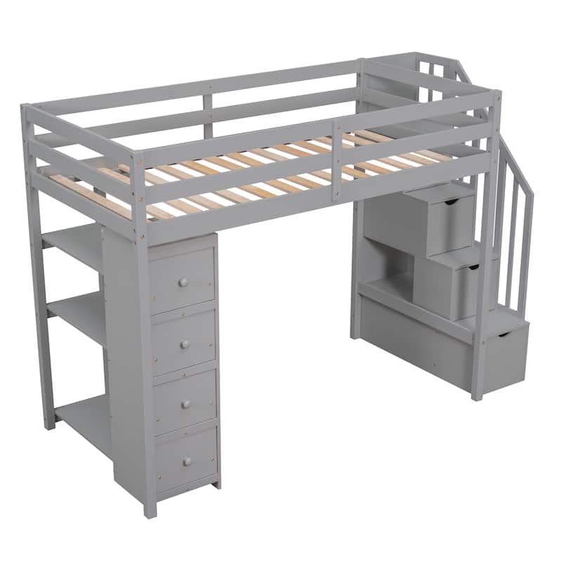 Loft Bed with Storage Drawers and Stairs, Wooden Loft Bed with Shelves
