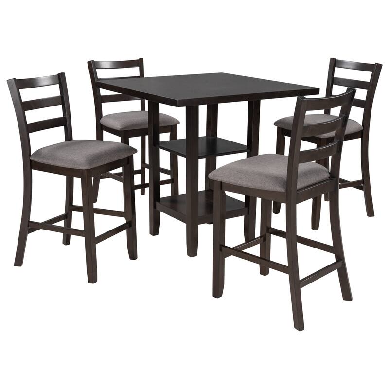 Espresso 5-Piece Counter Height Wooden Dining Table Set with 4 Chairs & Storage