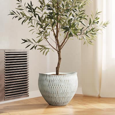 Modern V-Pattern Polyresin Round Planter, Indoor and Outdoor