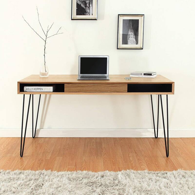 Home Office Desk - 59" Oak Veneer Top & Metal Legs - Large Desk with Drawer - Easy Assembly