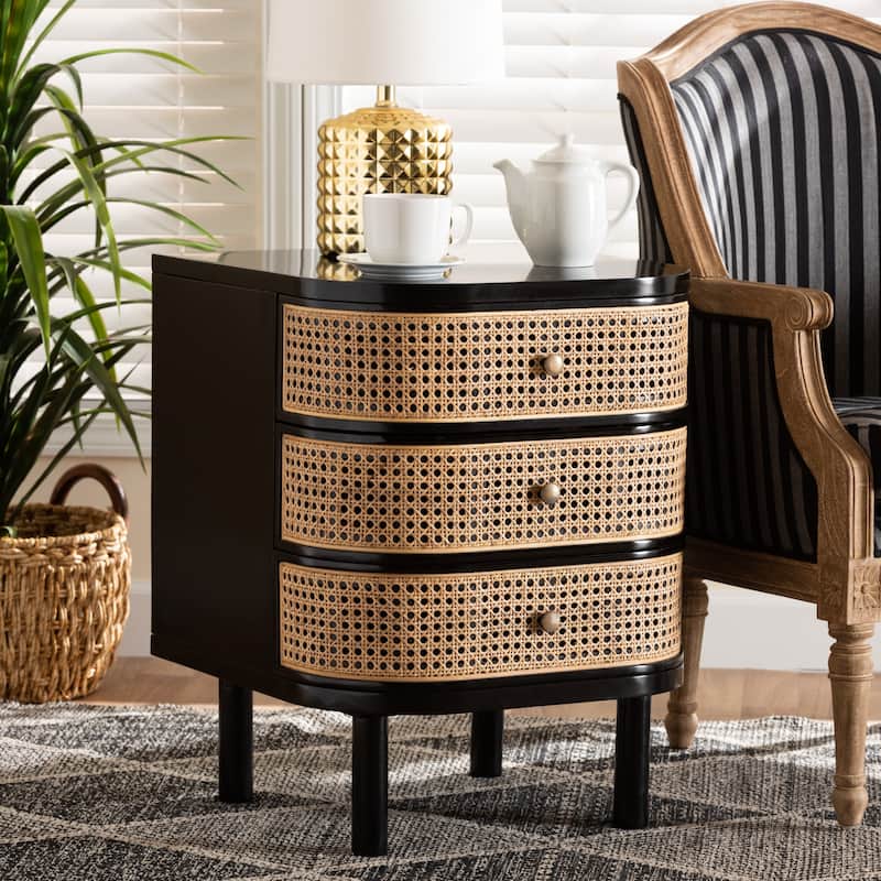 Nabila Modern Bohemian Black Bayur Wood and Natural Rattan 3-Drawer End Table Nightstand