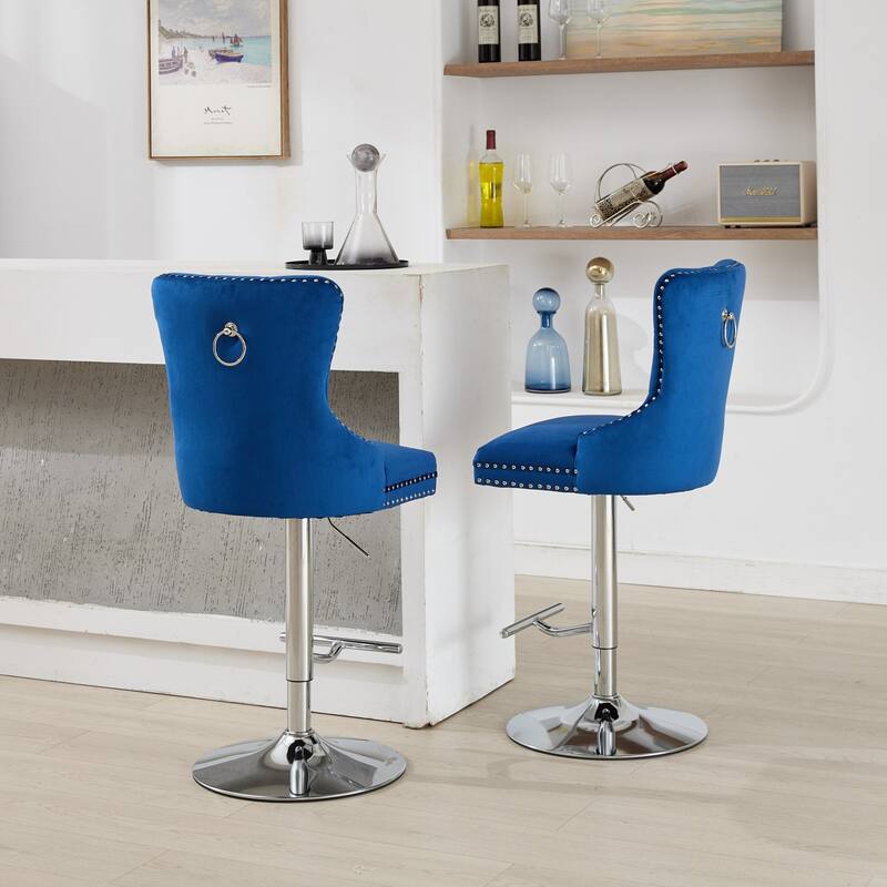 Thick Chrome Swivel Velvet Barstools,Adjustable Height,Modern Upholstered,Sponge&Spring（Set of 2)