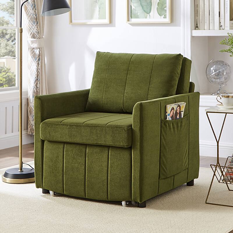 31.5" Pull Out Convertible Sleeper Sofa with 5 - Position Adjustable Backrest, Side Pockets and Storage, Green Chenille