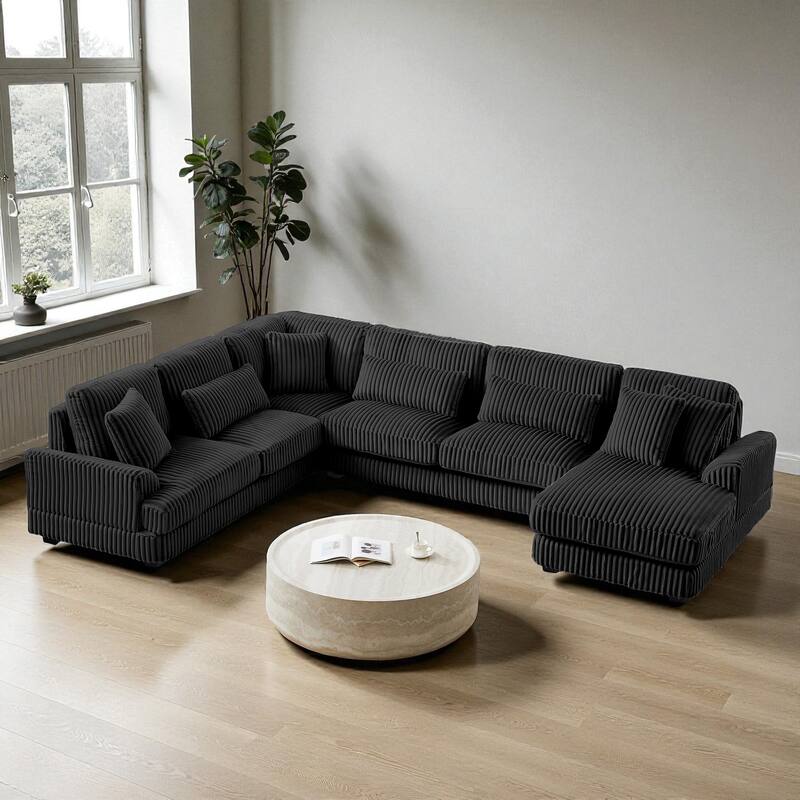 129" Oversized U-Shaped Sectional Sofa with Chaise Lounge, Soft Corduroy Upholstery and Pillows for Living Room - Black