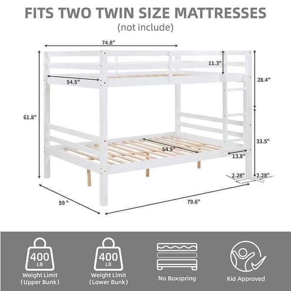 dimension image slide 0 of 4, Full over Full Wooden Bunk Bed, High Guardrail,Ladder, No Box Spring