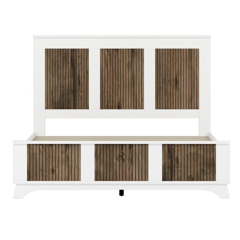 4-Pc Full/Queen Farmhouse Bedroom Set with Wooden Strip Stickers, Storage Nightstand & Dresser, White/Black