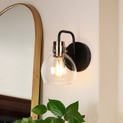 Modern 1-Light Black Gold Wall Sconces Dimmable Bathroom Vanity Light with Globe Glass - 5.5" L x 8" W x 8.5" H