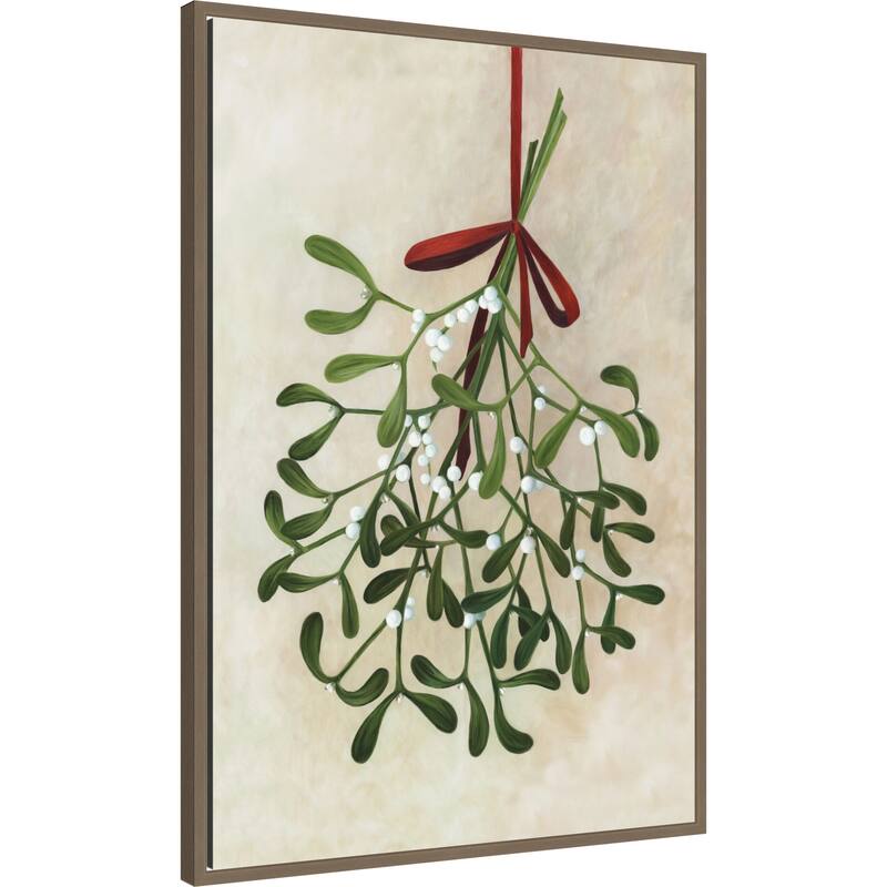 Mistletoe bouquet with bow by Rosana Laiz Blursbyai (23 x 33 in.), Framed Canvas Wall Art Print - Sylvie Dark Gold