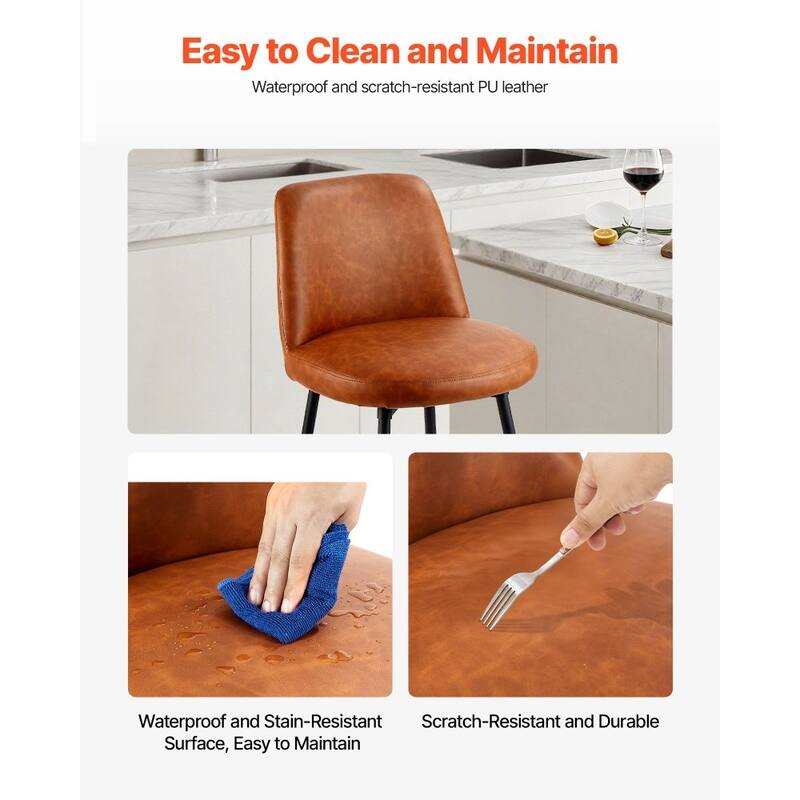 Brown PU Leather Cushion Swivel Counter Height Bar Stool with Iron Pipe Frame and Footrest for Kitchen Island