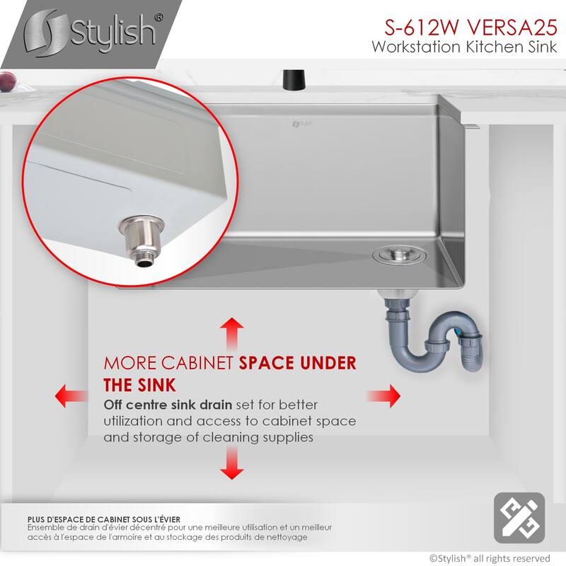 STYLISH 25 inches Workstation Single Bowl Undermount 16 Gauge Stainless Steel Kitchen Sink with Built in Accessories Handmade