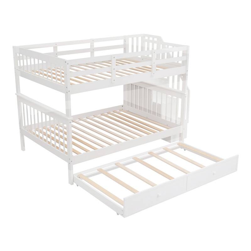Stairway Full-Over-Full Bunk Bed with Twin size Trundle, Storage and Guard Rail for Bedroom, Dorm