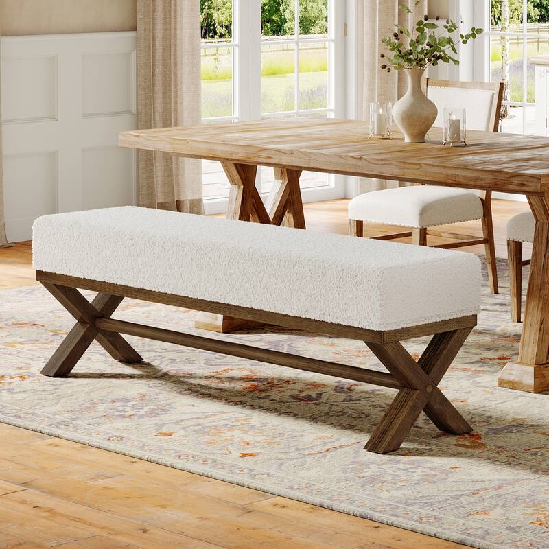 51.18" Solid Wood Upholstered Dining Bench, Faux Shearling Padded Seat Kitchen Stool Dining Seat for Dining Room Living Room