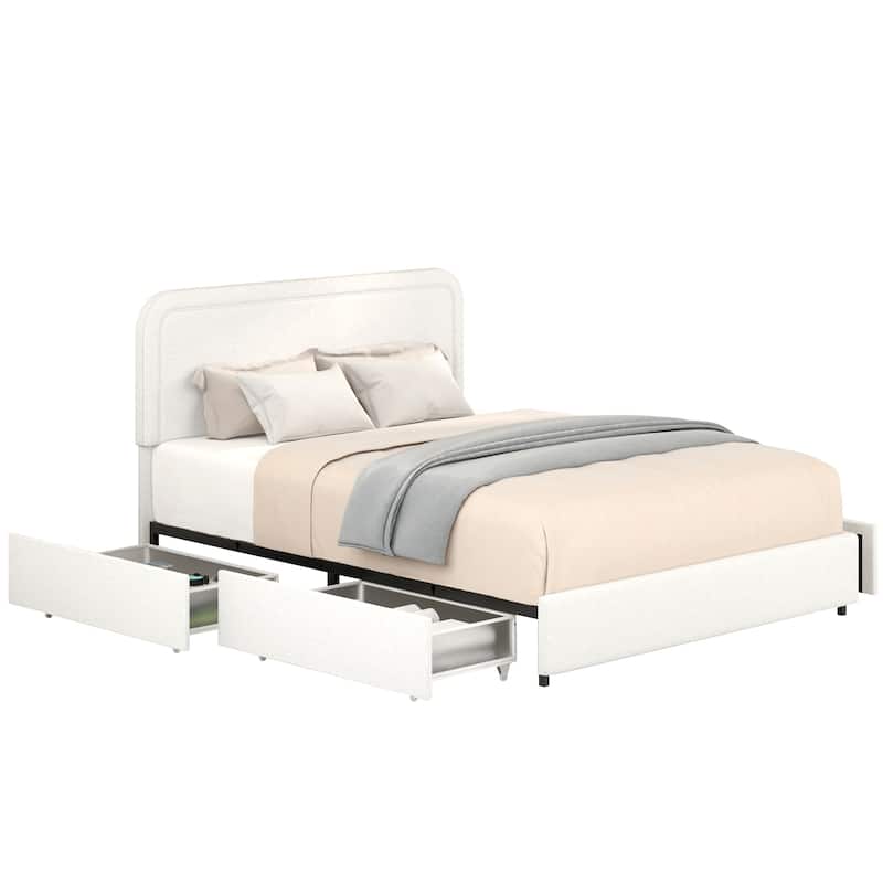 Queen Size Boucle Upholstered Platform Bed with 4-Drawer Storage and Tufted Headboard