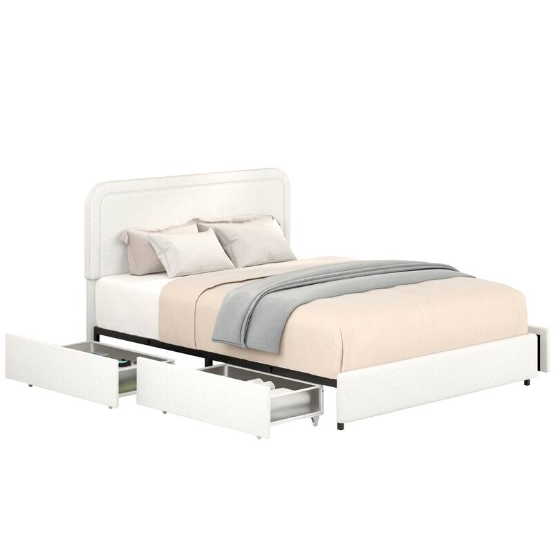 Queen Size Ivory Boucle Upholstered Platform Bed with 4 Storage Drawers, Adjustable Headboard, Wooden Slat Support