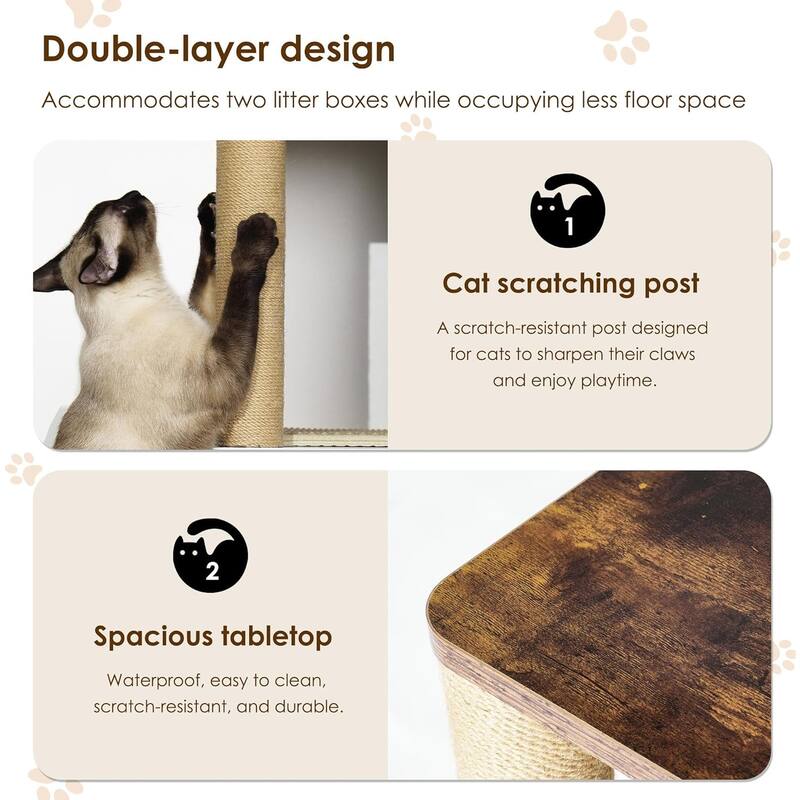 Double Cat Litter Box Enclouse with Scratch Post and Litter Mat