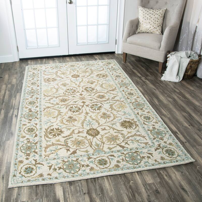 Alora Decor Crypt Blue, Beige, and Ivory Floral Hand-tufted Wool Blend Rug