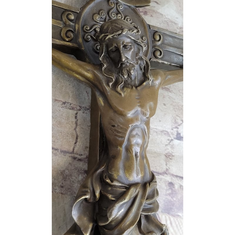 Wall Mount Hanging Bronze Crucifix Sculpture Jesus On Cross Christian Decor 20 Inches X 14 Inches