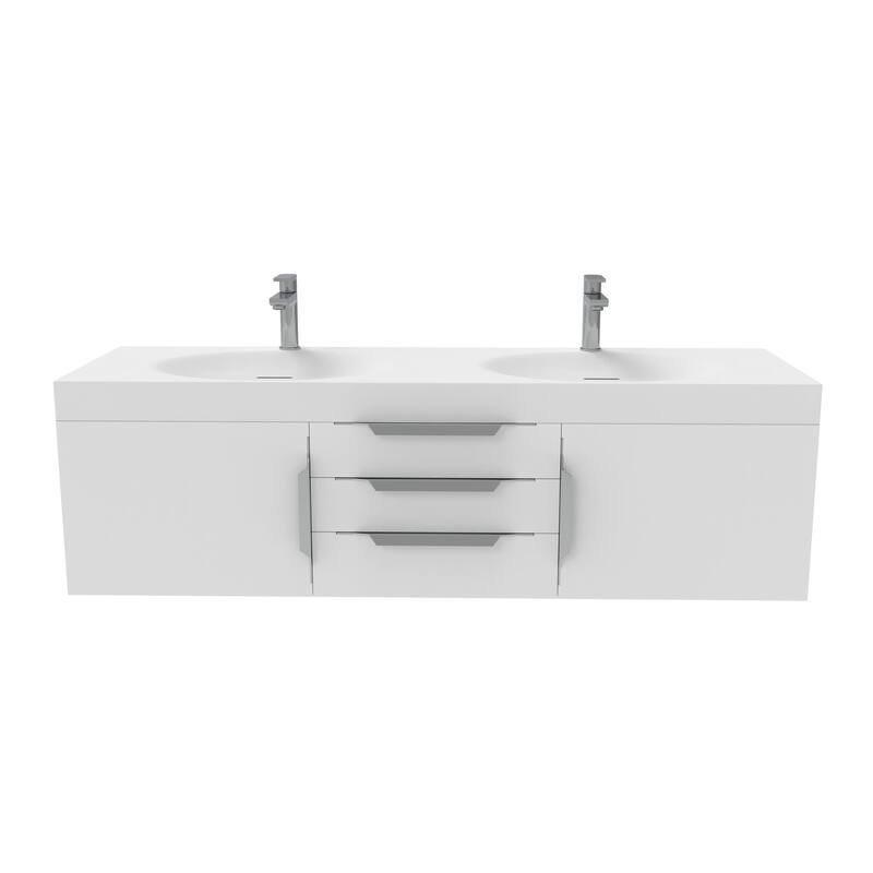 Thames 60" Shallow Basin Wall Mounted Bathroom Vanity Set w/ White Top - White - Brushed Nickel Finish