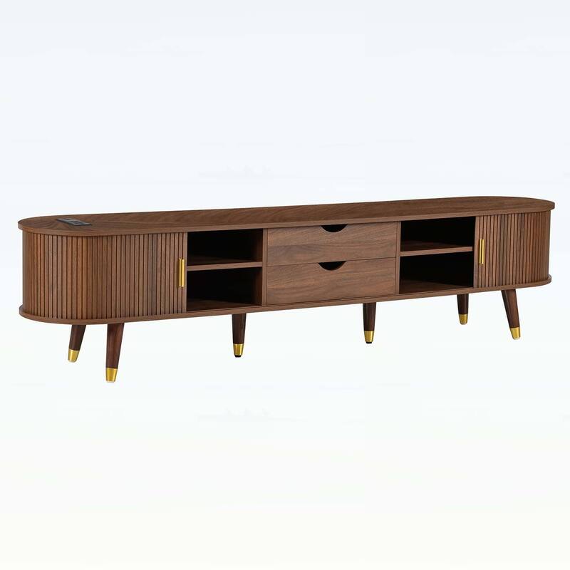 Mid-Century Wooden Oval Fluted TV Stand with Charging Station,Sliding Tambour Door
