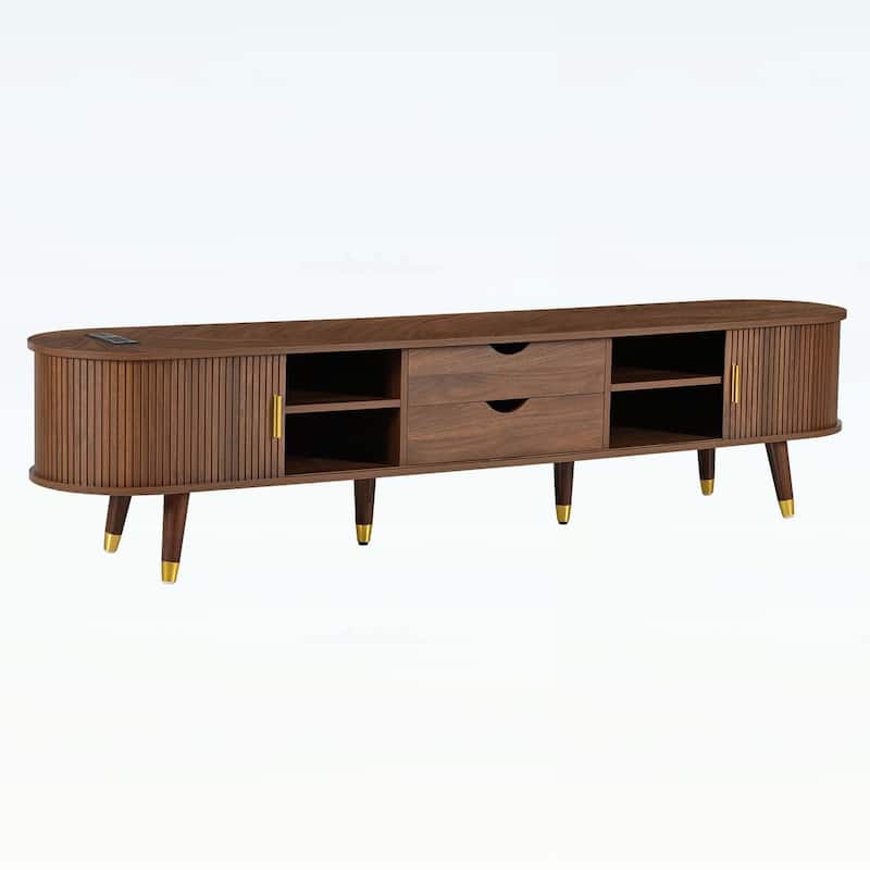 Wooden Oval Fluted TV Stand with Charging Station,Sliding Tambour Door,and Ample Storage for Living Room