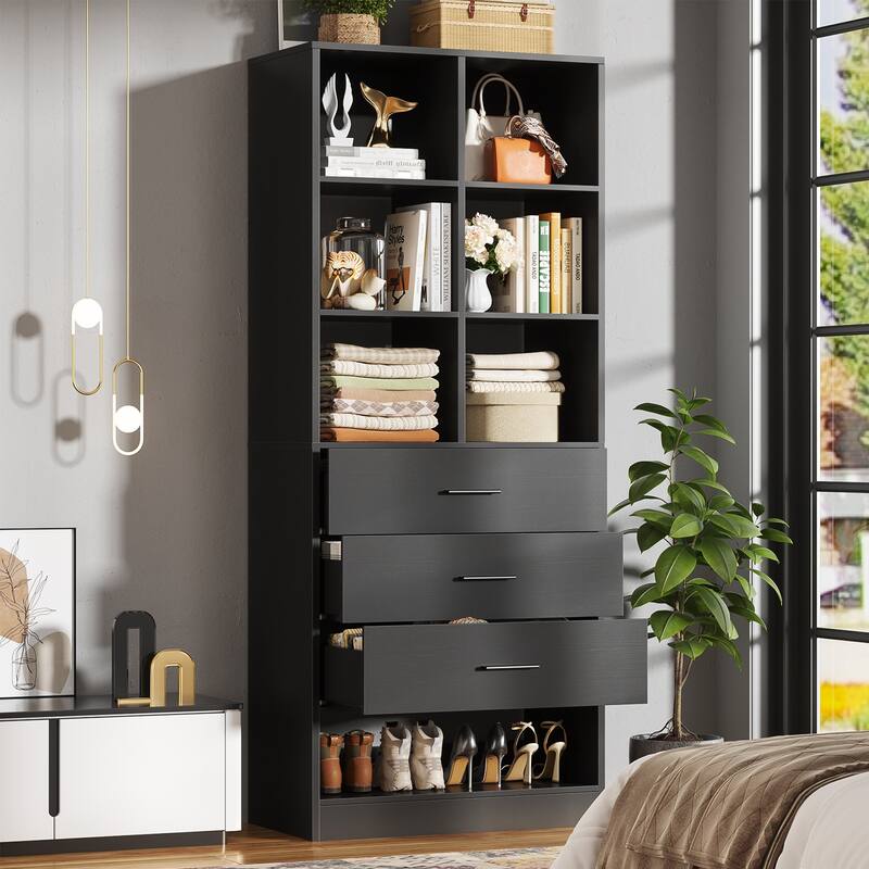 Qvella 23.6'' W Closet System with 3 Wooden Drawers and Partition Storage,Modular Closet Organizer for Walk-in/Reach-in Closet - Black - Set of 1 (23.6'' W)