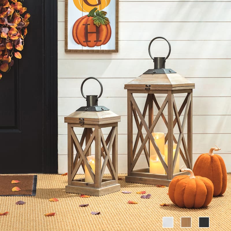 Glitzhome Set of 2 Farmhouse Wooden Lantern Hanging Candle Holders Christmas Wedding Decor - 24"+17"
