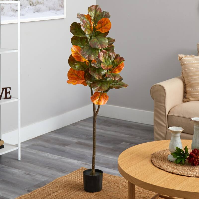 Artificial Fiddle Leaf Fig Tree 4.5Ft Indoor Fall Decor Large Realistic Plant - Green - 51-60 Inches