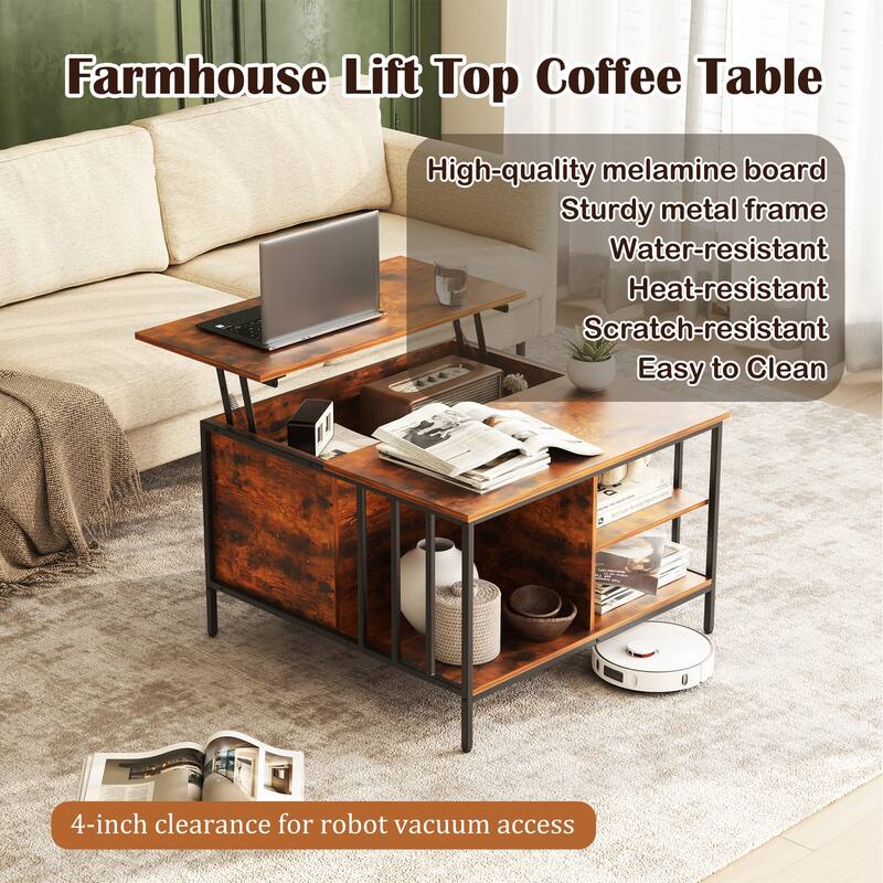 Rustic Lift-Top Coffee Table‌ – 31.5" Adjustable Height With Hidden Storage & 3 Shelves, 110Lb Capacity, Easy-Clean Surface .