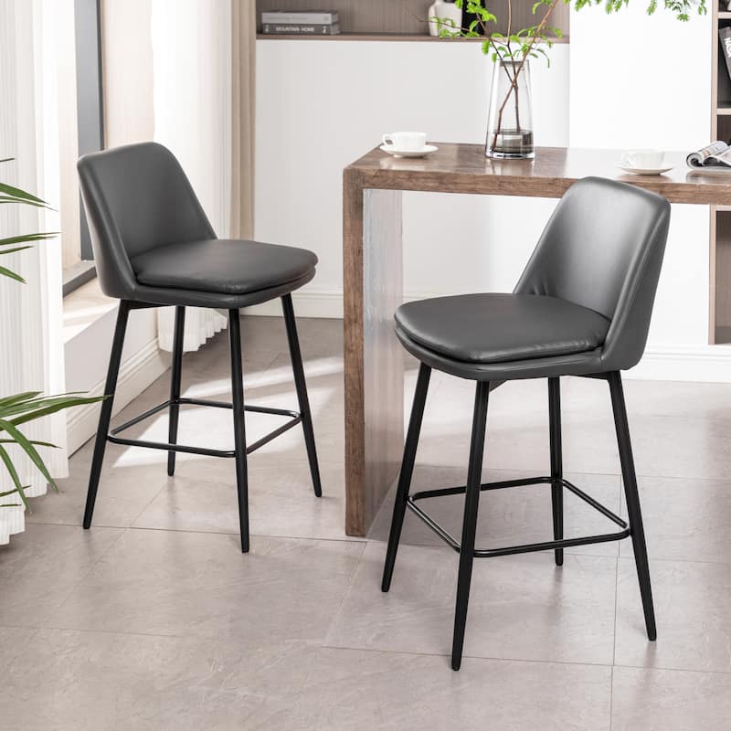 Faux Leather Swivel Bar Stools Set of 2, Counter Height Upholstered Bar Stools, Dining Chairs with Curved Back & Metal Legs - DARK GREY