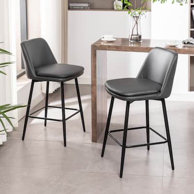 Faux Leather Swivel Bar Stools Set of 2, Counter Height Upholstered Bar Stools, Dining Chairs with Curved Back & Metal Legs