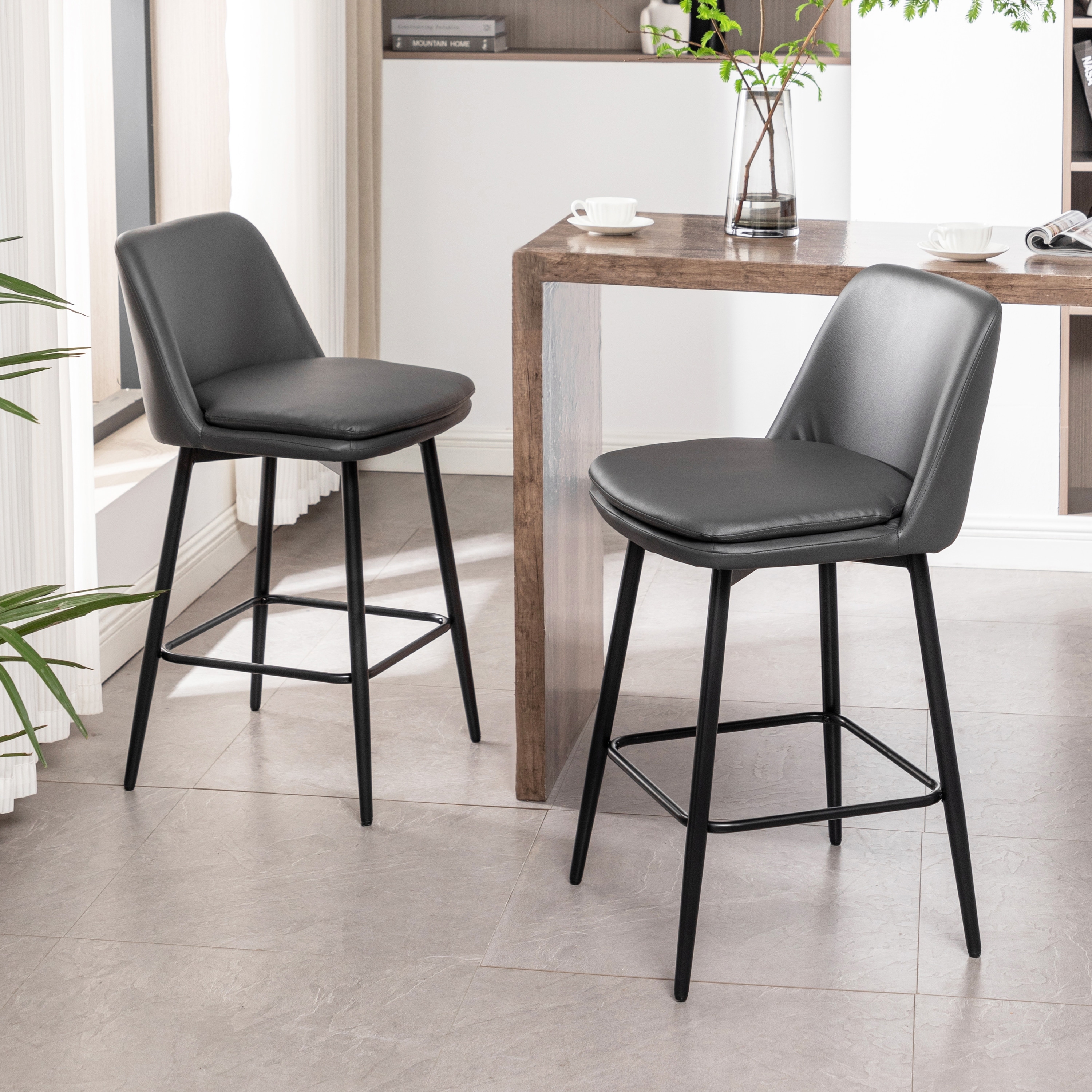 Faux Leather Swivel Bar Stools Set of 2, Counter Height Upholstered Bar Stools, Dining Chairs with Curved Back & Metal Legs