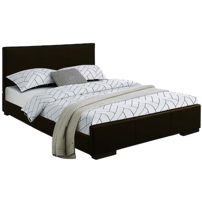 Black Faux Leather King Bed Frame with Panel Headboard and Wood Slat Support