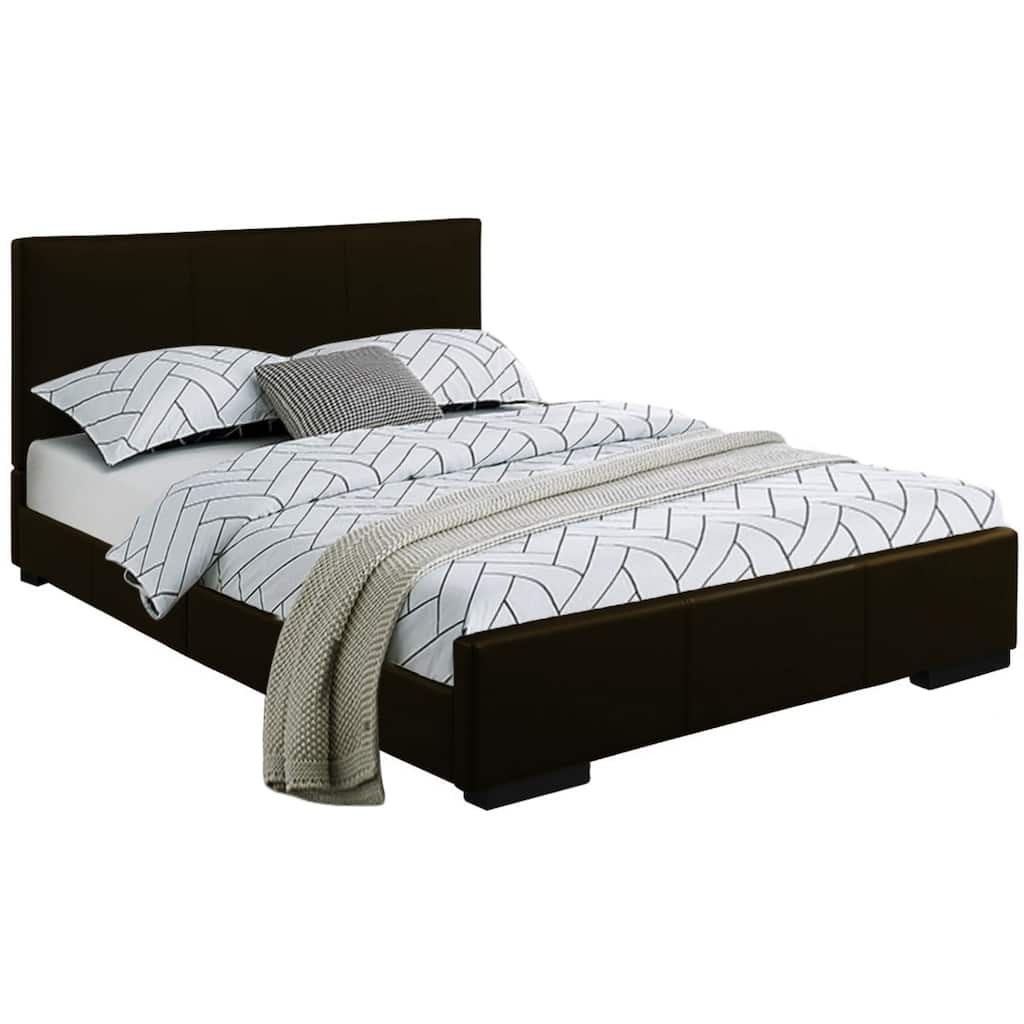 Black Faux Leather King Bed Frame with Panel Headboard and Wood Slat Support